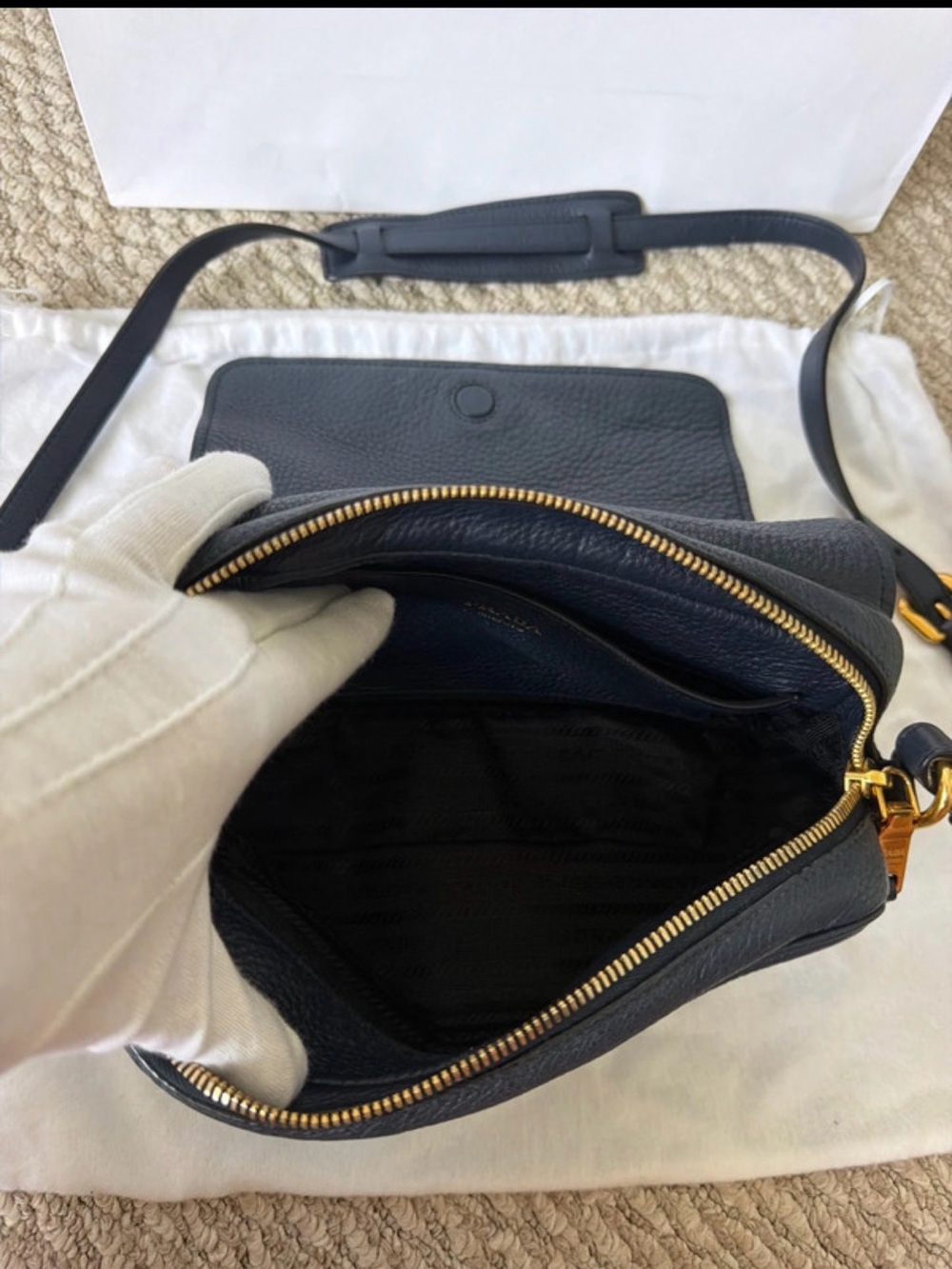 Prada Vitello Phenix flap crossbody, model 1BD163, in “Baltico” blue. - Picture 14 of 14